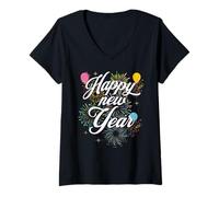 Womens New Years Eve Party Retro Happy New Year 2025 Fireworks Gift V-Neck T-Shirt