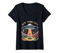 Womens New York City Alien UFO Abduction Retro Sci-Fi Art V-Neck T-Shirt