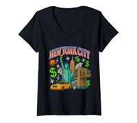 Womens New York City Retro Bootleg Style Graphic V-Neck T-Shirt