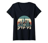 Womens New York in Hebrew Jewish Star of David Jew New York Skyline V-Neck T-Shirt