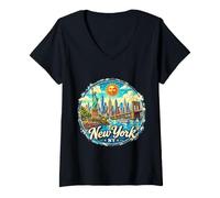 Women's New York, NY Retro Vintage Postcard, Skyline V-Neck T-Shirt