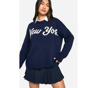 Womens New York Oversized Crew Neck Knitted Jumper - Navy - S, Navy