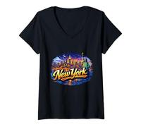 Women's New York Skyline Night Cityscape V-Neck T-Shirt