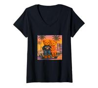 Womens New York Teddy Bear, New York City Friends with Classic Car V-Neck T-Shirt