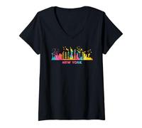 Womens New Yorkers Skyline Colorful Cityscape New York V-Neck T-Shirt