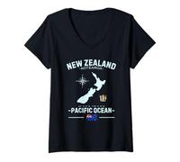 Womens New Zealand Aotearoa Pacific Ocean GPS Coat of Arms Flag V-Neck T-Shirt