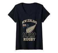 Womens New Zealand Flag Rugby Silver Fern V-Neck T-Shirt