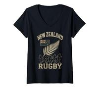Womens New Zealand Flag Rugby Silver Fern V-Neck T-Shirt