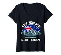 Womens New Zealand is My Therapy Mountains Flag Scenic Escape V-Neck T-Shirt