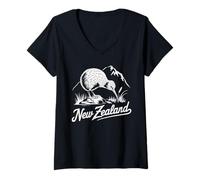 Womens New Zealand Kiwi Bird Retro Nature NZ Cute Wildlife V-Neck T-Shirt