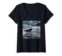 Women's Newfoundland Dog Ocean Rescue Waves Coastal Scene V-Neck T-Shirt