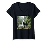 Women's Newfoundland Dog Waterfall Cliff Forest Scene V-Neck T-Shirt