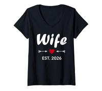 Womens Newlywed Marriage Quote Minimalist Simple Wife Est 2026 V-Neck T-Shirt