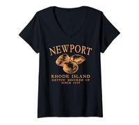 Womens Newport RI Clams Gettin' Shucked Up Since 1639 Orange V-Neck T-Shirt