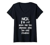 Women's NGL Snacks Exit Strategy Funny Introvert Humor V-Neck T-Shirt