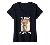 Womens Ni Hao Fine Shyt Funny Gen Z Brain Rot Cat Meme Social Media V-Neck T-Shirt