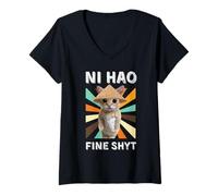 Womens Ni Hao Fine Shyt Funny Gen Z Brain Rot Cat Meme Social Media V-Neck T-Shirt