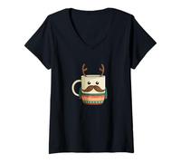 Womens Nice Bearded Cup with Antler Costume for Winter Drinks V-Neck T-Shirt
