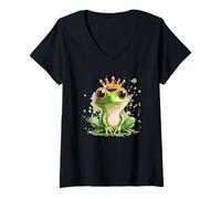 Womens Nice Frog Prince with Crown for a Charming Royal Touch V-Neck T-Shirt