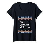 Womens Nice, Naughty, Célestine Christmas Ugly Sweater Style V-Neck T-Shirt