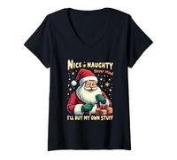 Womens Nice Naughty Never,Mind,I, Will Buy My Own Stuff Funny Santa V-Neck T-Shirt