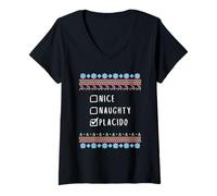 Womens Nice, Naughty, Placido Christmas Ugly Sweater Style V-Neck T-Shirt