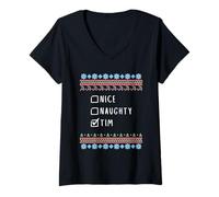 Womens Nice, Naughty, Tim Christmas Ugly Sweater Style V-Neck T-Shirt