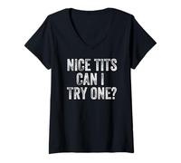 Womens Nice Tits Can I Try One Funny Pervert Adult Humor Dirty Joke V-Neck T-Shirt