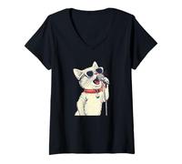 Womens Nice White Cat with Karaoke Mic for Stand-up Comedy Lovers V-Neck T-Shirt