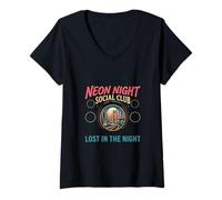 Women's Night City Social Club Retro Urban Skyline Design V-Neck T-Shirt