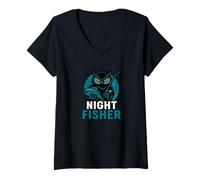 Womens Night Fisher Funny Owl Fishing Graphic Design V-Neck T-Shirt