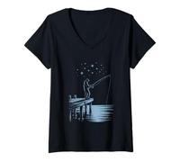Womens Night Fishing Under Stars On Quiet Lake Dock V-Neck T-Shirt