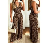 Women's Night Out Casual, V Neck Sleeveless Leopard Print Wide Leg Jumpsuit | Chic one piece outfit for women, full length design for urban gatherings and evening occasions