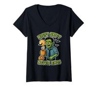 Womens Night Shift Never Ends Zombie V-Neck T-Shirt