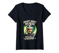 Women's Night Shift Nurse Surviving Caffeine Coffee Stethoscope V-Neck T-Shirt