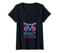 Womens Night Vision Owl Retro Synthwave Vaporwave V-Neck T-Shirt