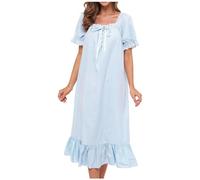 Womens Nightdress Cotton Long Nightwear Sleepwear Victorian Vintage Nightgown Sleep Shirt Rufflet Skirted Pyjamas With Drawstring Front Blue