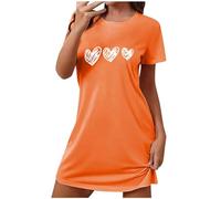 Womens Nightdress Heart Print Crewneck Nighties Oversized Ladies Nightie Short Sleeve Nightshirts for Wmen Midi Nightwear Orange