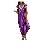 Womens Nightdress Plus Size Soft Silk Satin Long Nightgown Lace Trim Chemise Lingerie Maxi Sleepdress for Ladies V Neck Short Sleeve Sleepwear Full Length Sleeping Dress UK Sale Clearance S-5XL