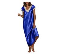 Womens Nightdress Plus Size Soft Silk Satin Long Nightgown Lace Trim Chemise Lingerie Maxi Sleepdress for Ladies V Neck Short Sleeve Sleepwear Full Length Sleeping Dress UK Sale Clearance S-5XL