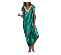Womens Nightdress Plus Size Soft Silk Satin Long Nightgown Lace Trim Chemise Lingerie Maxi Sleepdress for Ladies V Neck Short Sleeve Sleepwear Full Length Sleeping Dress UK Sale Clearance S-5XL