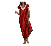 Womens Nightdress Plus Size Soft Silk Satin Long Nightgown Lace Trim Chemise Lingerie Maxi Sleepdress for Ladies V Neck Short Sleeve Sleepwear Full Length Sleeping Dress UK Clearance S-5XL