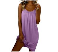 Women's Nightdress Spaghetti Strap Sleeveless Crew Neck Nightgown Summer Casual Pleated Nightshirts Soft Cozy Sleepwear Ladies Elegant Nighties Nightwear Loose Solid Color Chemise Homewear Lingerie Uk