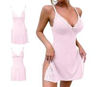 Womens Nightdresses Satin Nightdress for Women Lace Nighties V Neck Negligees Spaghetti Strap Chemise Sleepwear Sexy Ladies Nightgowns Sleepshirts A-Pink