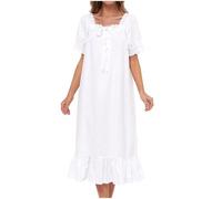 Women's Nightgown Sleepwear Long Loungewear Short Sleeve Vintage Plus Size Ladies Nightgown White