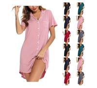 Womens Nightgowns & Sleepshirts - Womens Button Down Nightdress Loose Fit Comfortable Nightwear Sleepwear Lapel Collar Short Sleeve Nightdress Soft Lightweight Loungewear With Pocket
