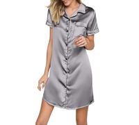 Womens Nightshirts Short Sleeve Plus Size - Satin Nightdress For Women - Button Down Nightie With Collar Pockets Mini Sleepdress Straight Leg Loose Fit Lightweight Summer Cozy Loungewear Silver