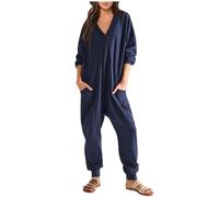 Womens Nightwear Cotton All in One Piece Baggy Playsuit V Neck Long Sleeve Rompers Trousers with Pockets Plain Overalls Oversized Onesie Pants Loose Soft Home Pyjamas Going Out Sleepwear