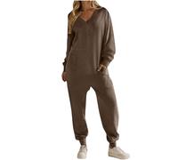 Womens Nightwear Cotton All in One Piece Baggy Playsuit V Neck Long Sleeve Rompers Trousers with Pockets Plain Overalls Oversized Onesie Pants Loose Soft Home Pyjamas Going Out Sleepwear