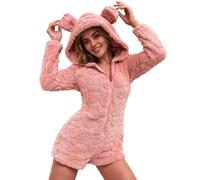 Womens Nightwear Fleece Bear Ear Full Zip Onesie Shorts Heart Jacquared One Piece Romper Shorts Fluffy Plush Long Sleeve Playsuit Shorts Cute Pyjamas Plain Sleepwear Thermal Loungewear